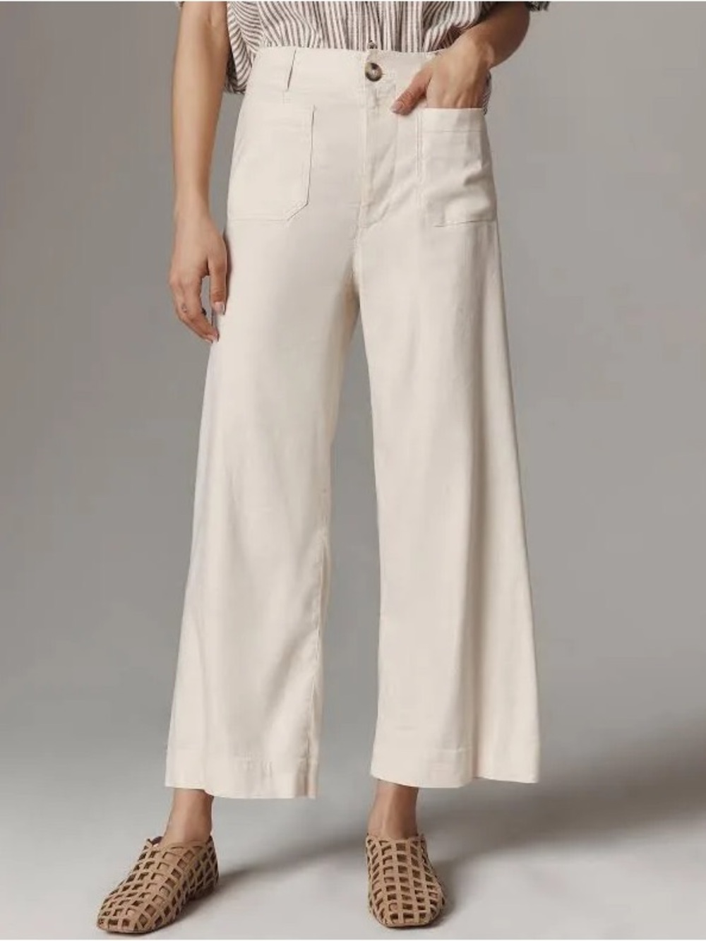 Anthropologie Cream Wide-Leg Cropped Pants